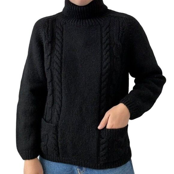 Vintage J Crew Womens 100% Wool Black Cable Knit Chunky Turtleneck Sweater Sz M - Picture 3 of 6